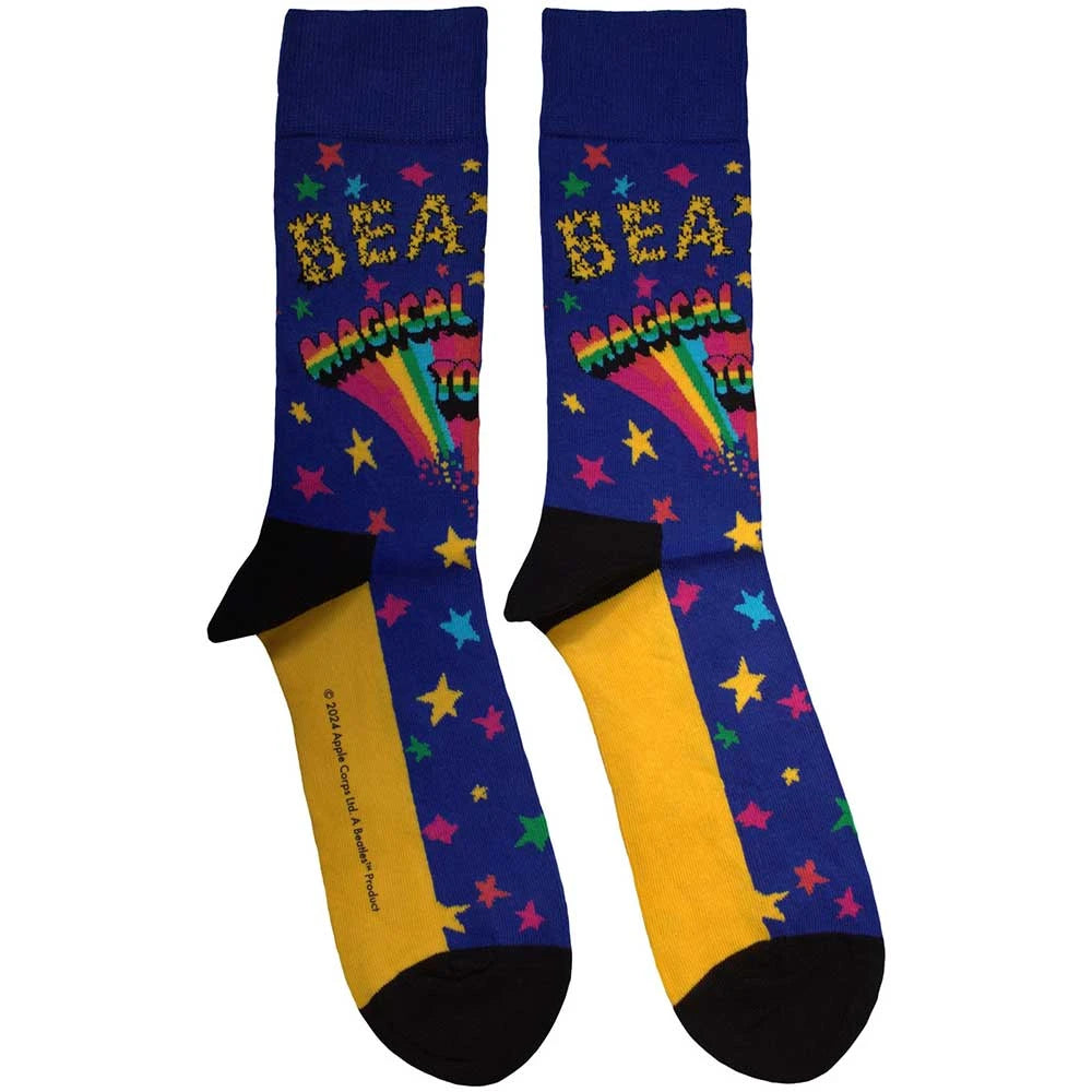 Colorful socks with rainbow and star designs on a white background