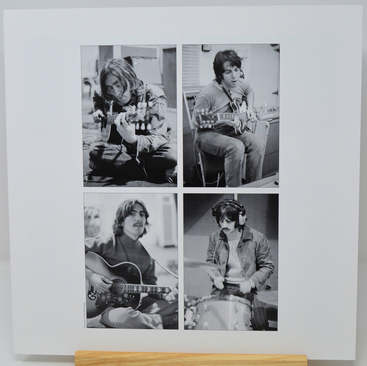 Black and white photo collage of four musicians playing instruments on a white background.