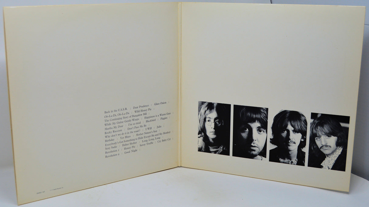 Album cover with black and white portraits on a beige background