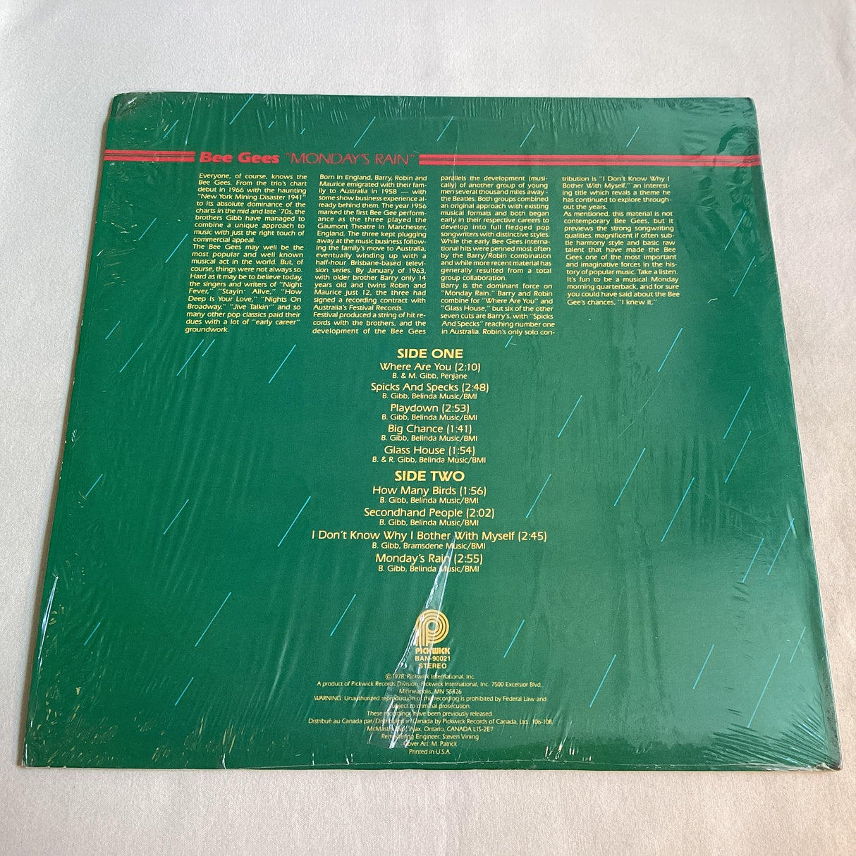 Back cover of Bee Gees Monday's Rain vinyl album with track listing and description