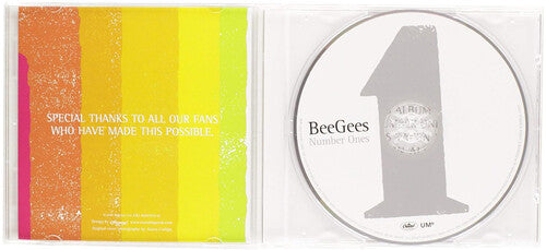 Opened Bee Gees Number Ones CD case showing disc and a colorful thank you note to fans
