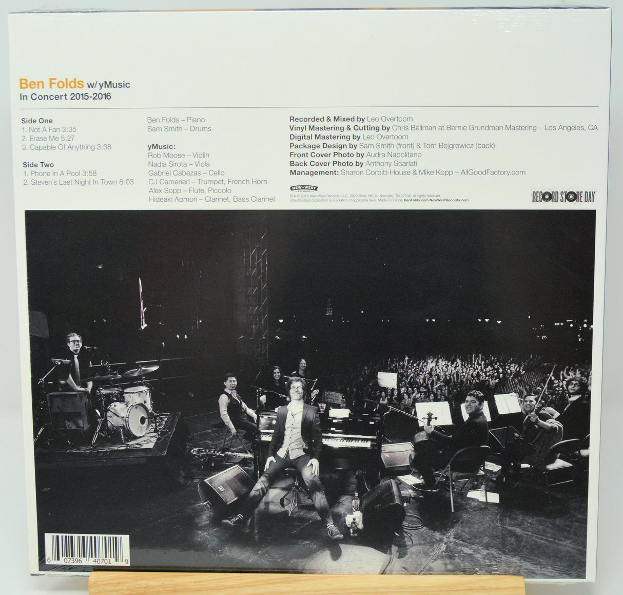 Back cover of a Ben Folds w/ iMusic CD album, showing track listings and a large black-and-white concert photograph on a white background.
