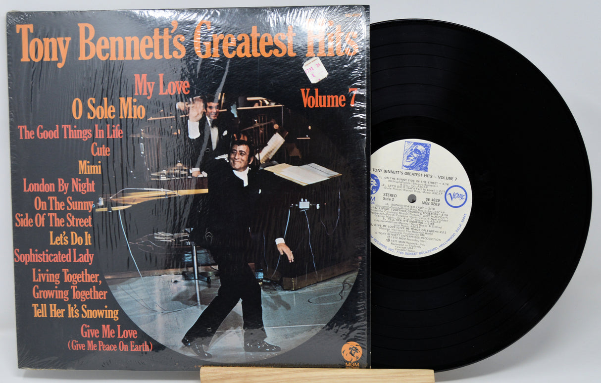 Vinyl record with cover featuring Tony Bennett's 'Greatest Hits' on a white background
