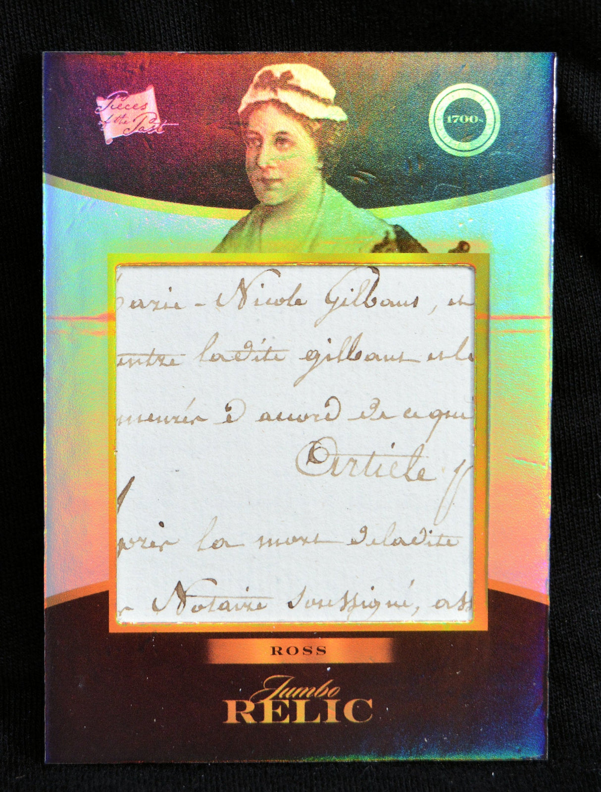 Jumbo Relic trading card of Betsy Ross featuring portrait and handwritten document