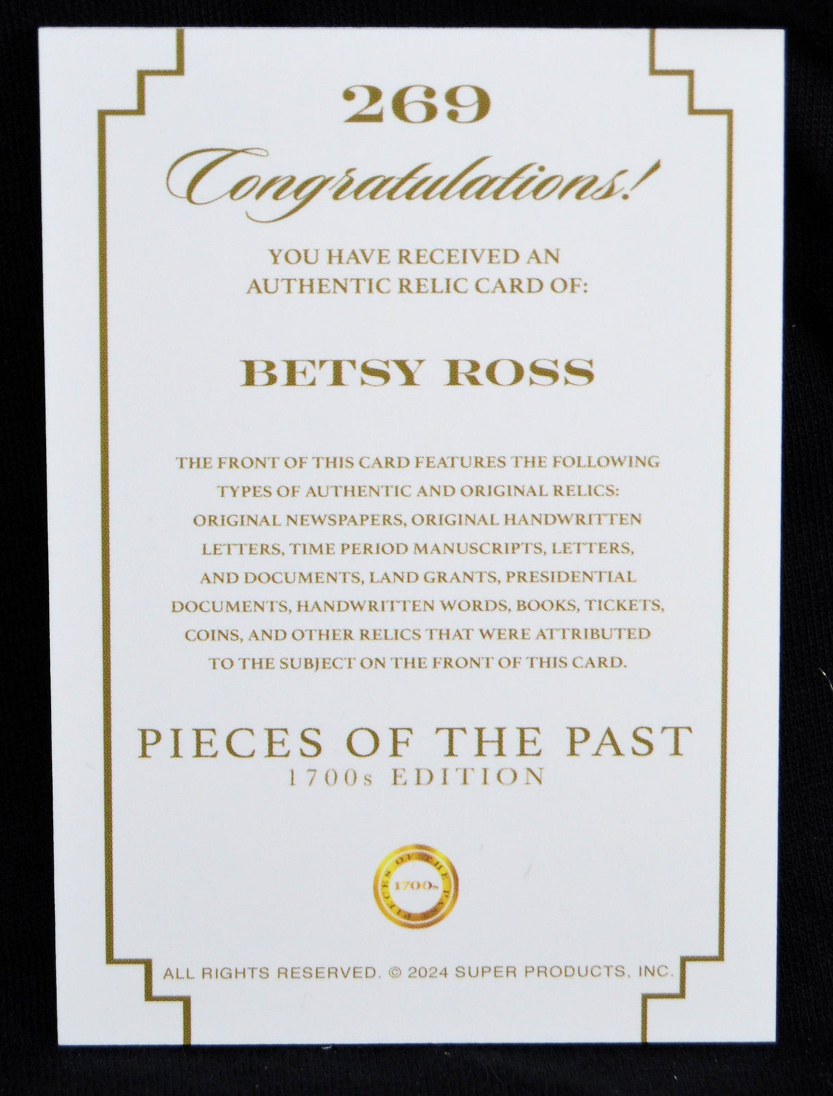 Pieces of the Past Betsy Ross authentic relic card certificate from the 1700s edition