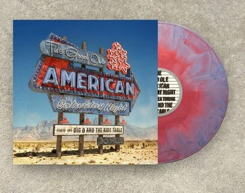 Vinyl record with a colorful cover featuring a neon sign in a desert landscape