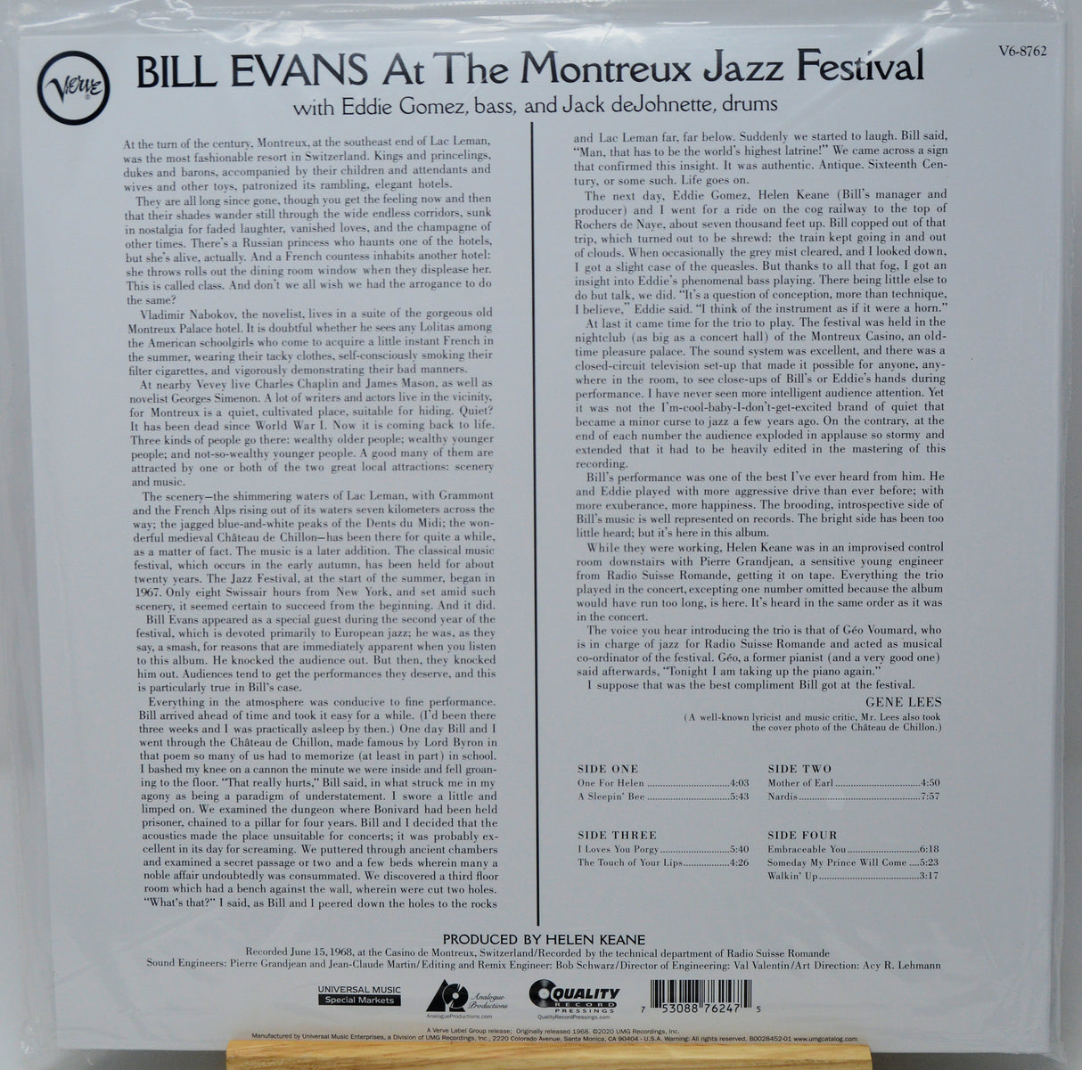 Back cover of a vinyl record for Bill Evans' 'At The Montreux Jazz Festival', showing track listings, credits, and a barcode on a white background.
