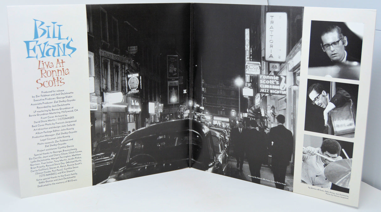 Inner gatefold of Bill Evans Live at Ronnie Scott's vinyl album featuring production credits, jazz club photo, and band portraits
