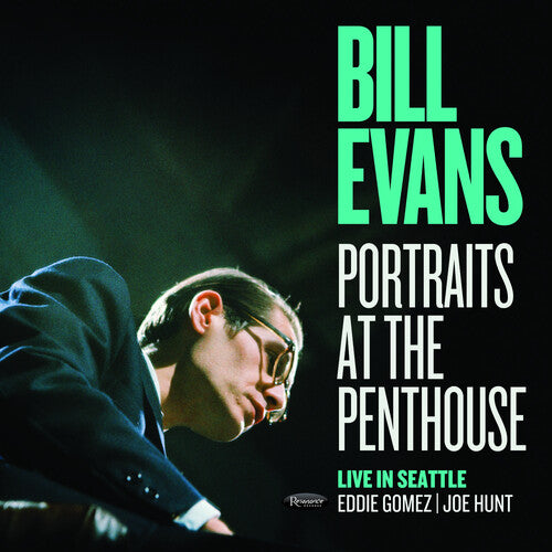 Bill Evans performing live at the piano on the Portraits at the Penthouse album cover