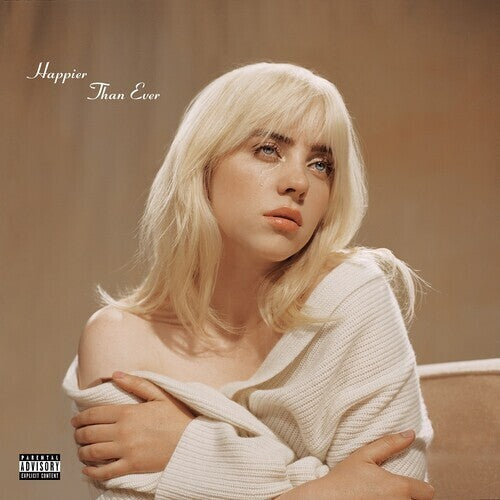 Album cover with Billie Eilish wearing a white sweater against a beige background, featuring the text 'Happier Than Ever'.