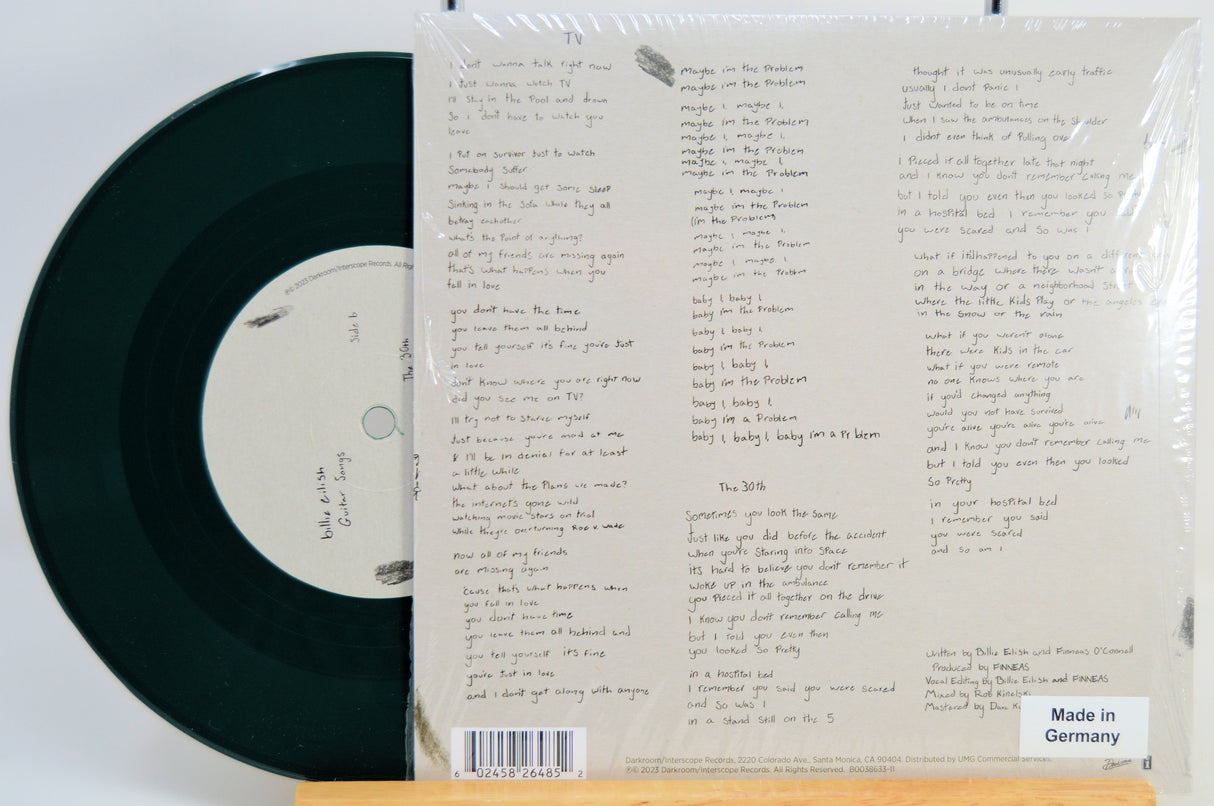 Billie Ellish - Guitar Songs, 7" Vinyl 45RPM, Recycled Green Bioplastic and Back Cover with lyrics and upc code.