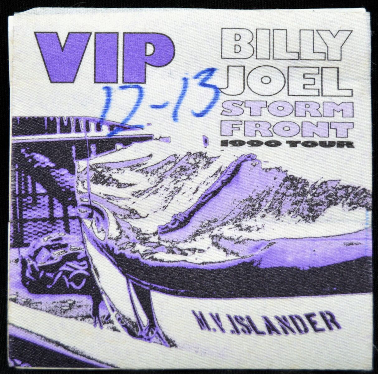 VIP ticket stub for Billy Joel's 'Storm Front' 1990 Tour on a boat illustration.