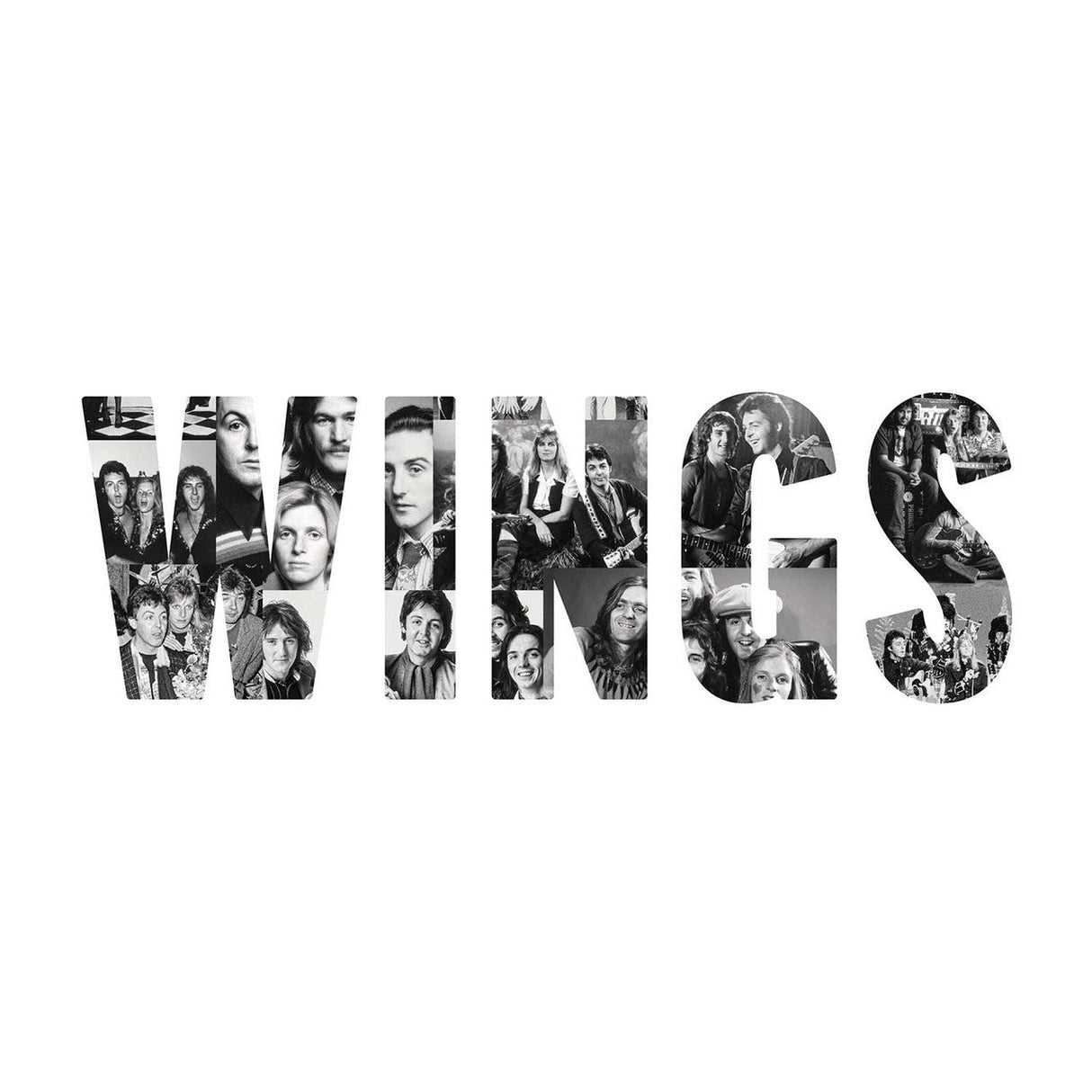 Collage of black and white WINGS band photos forming the word 'WINGS' on album cover