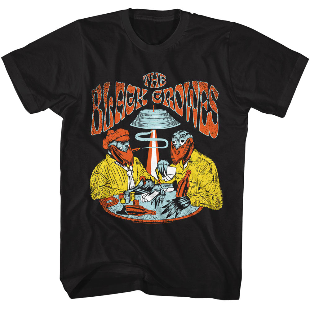 Black t-shirt with 'The Black Crowes' band graphic design on a white background