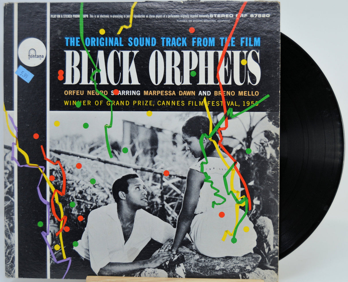Front cover of Black Orpheus soundtrack vinyl featuring main characters and colorful accents