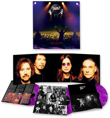 Cover art for Black Sabbath - Reunion Live vinyl record featuring the band performing live with an audience in the background.