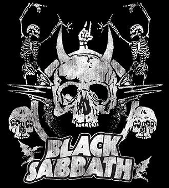 Black Sabbath t-shirt design featuring skulls, skeletons, and bold band logo artwork