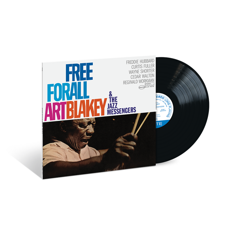 Vinyl record and cover of 'Free For All' by Art Blakey & The Jazz Messengers on a white background