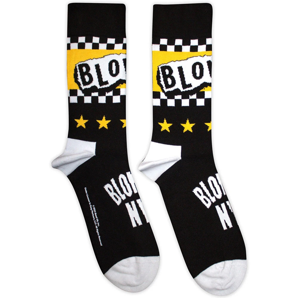 Black socks with yellow and white checkered pattern and 'Blondie' text on a white background