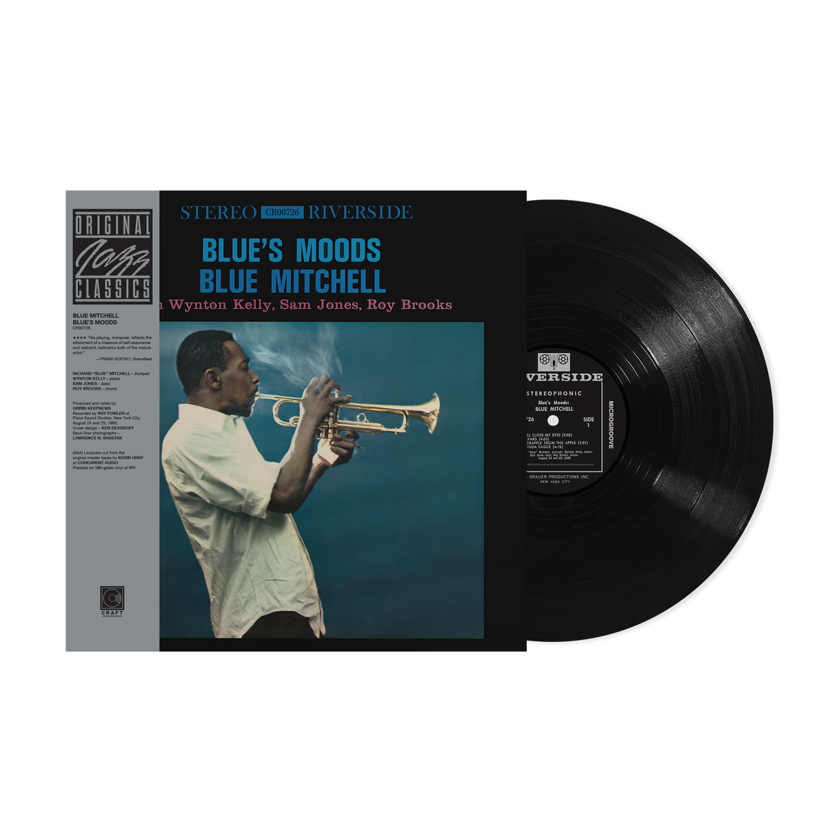 A vinyl record titled 'Blue's Moods' by Blue Mitchell with the Original Jazz Classics Series label, featuring a black label with blue and white text and an image of a jazz trumpeter.