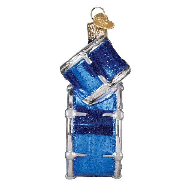 Blue and silver drum kit ornament with metallic shine