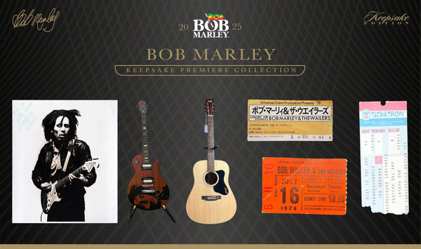 Bob Marley Keepsake Collection display with vintage guitars, iconic black and white photo, and historic concert tickets