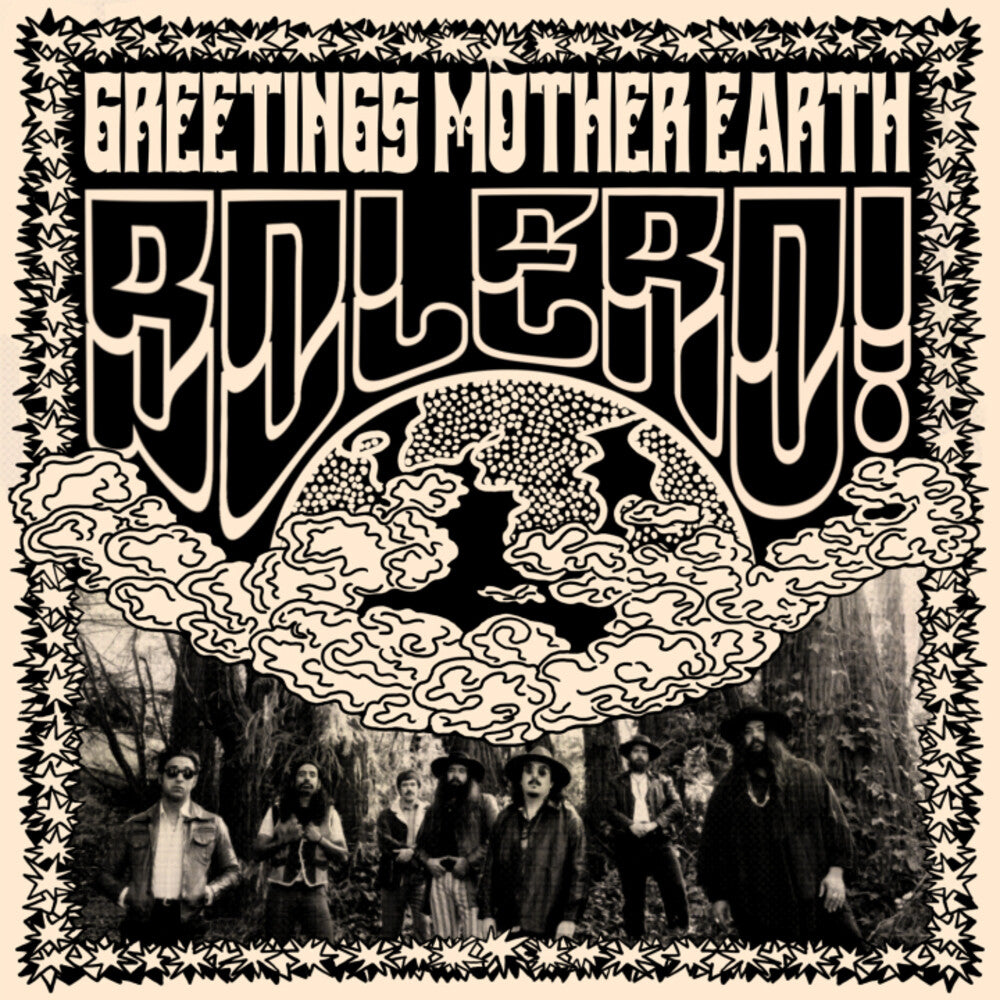 Album cover with text 'Greetings Mother Earth' by the band 'Bulero!' and the group in a forest setting.