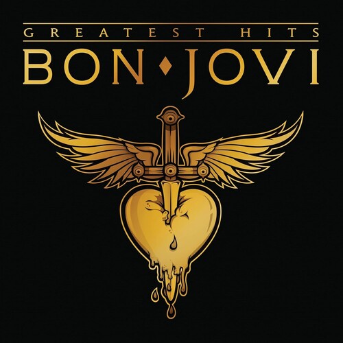 Bon Jovi album cover for 'Greatest Hits' with a sword and heart design on a black background.