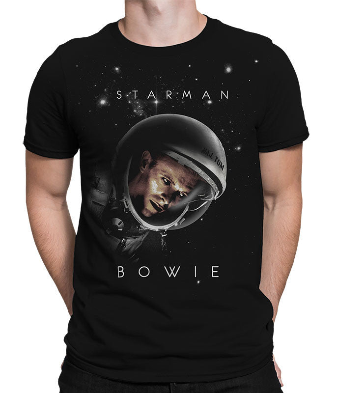 Black t-shirt with an astronaut graphic and 'Starman Bowie' text on a white background