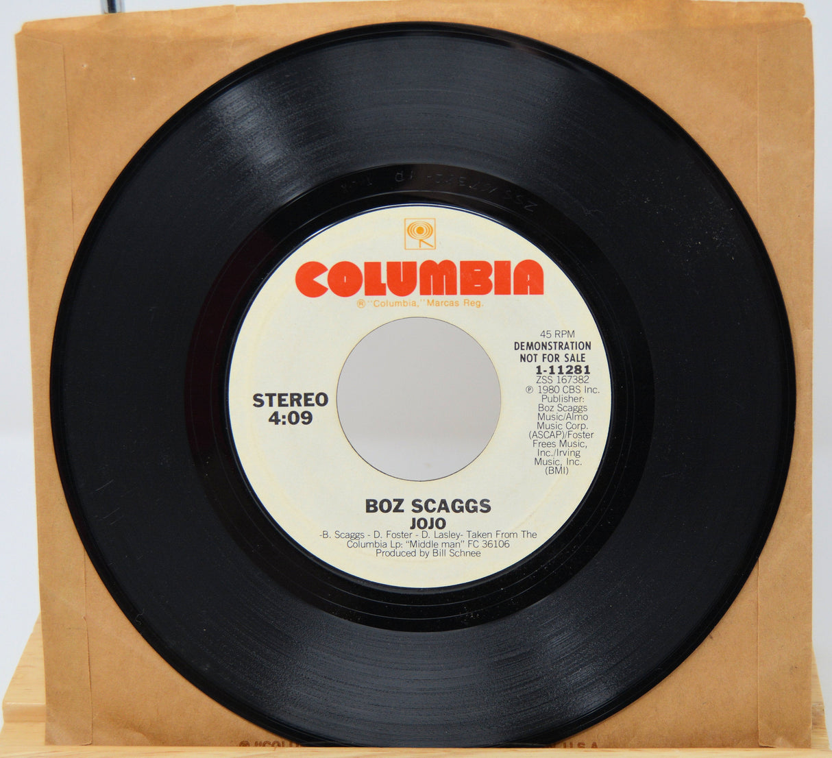 Vintage Boz Scaggs Jojo 45 RPM demo record by Columbia Records with brown paper sleeve