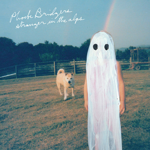 Bridgers, Phoebe - Stranger In The Alps Album cover featuring a person in a white ghost costume standing in a field with a dog and a rainbow in the background.