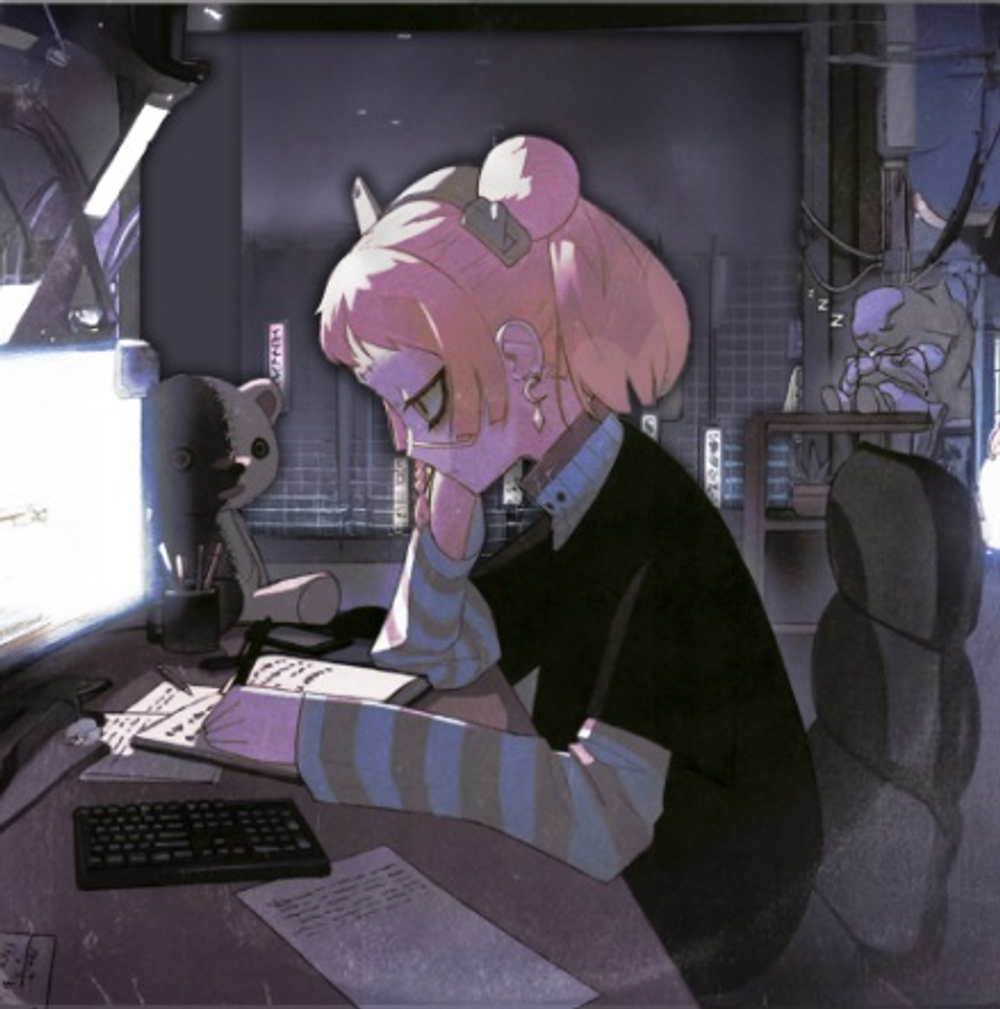 Animated character with pink hair sitting at a desk in a futuristic room.