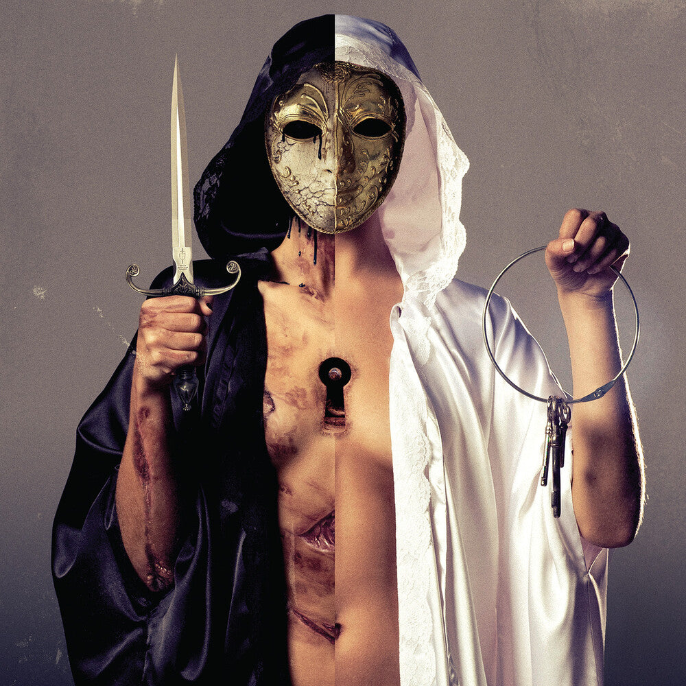 Person wearing a mask and holding a dagger and large loop keychain against a gray background