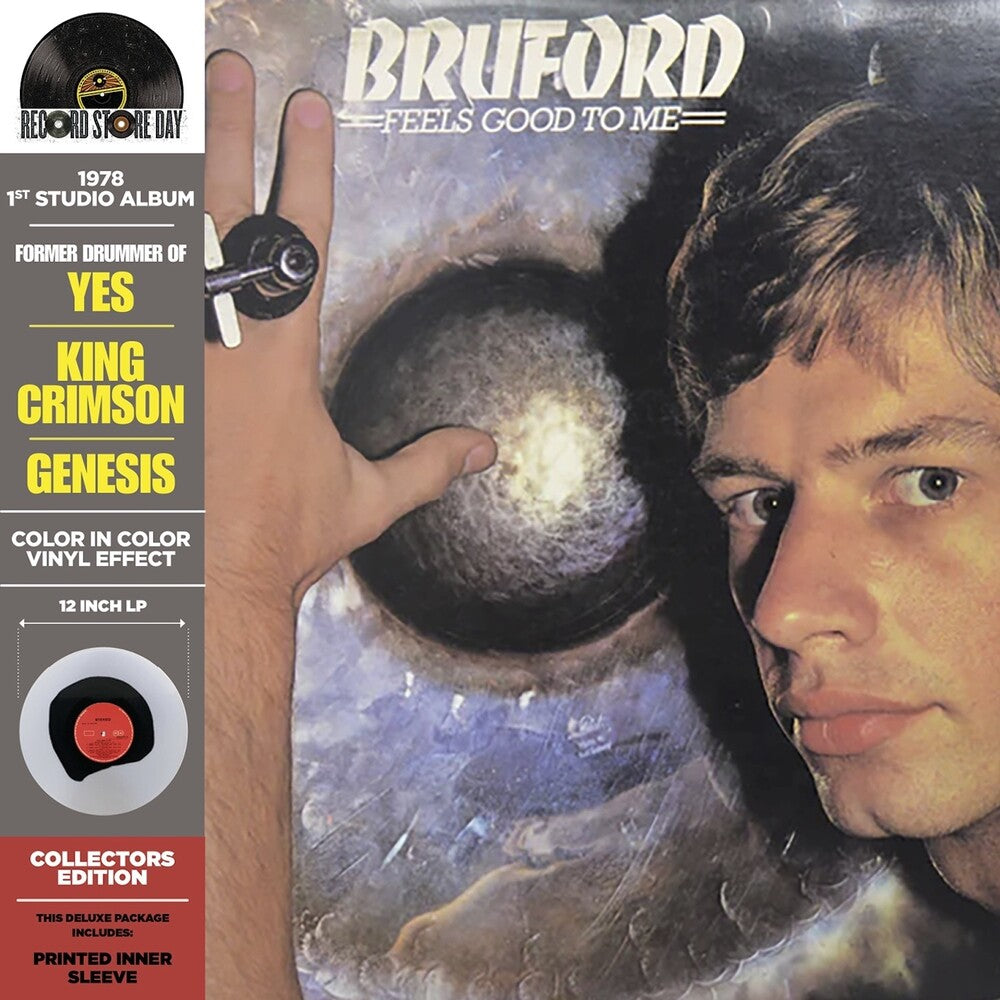 Vinyl album cover with a photo of Bill Bruford holding a gong and text about the artist and album details.