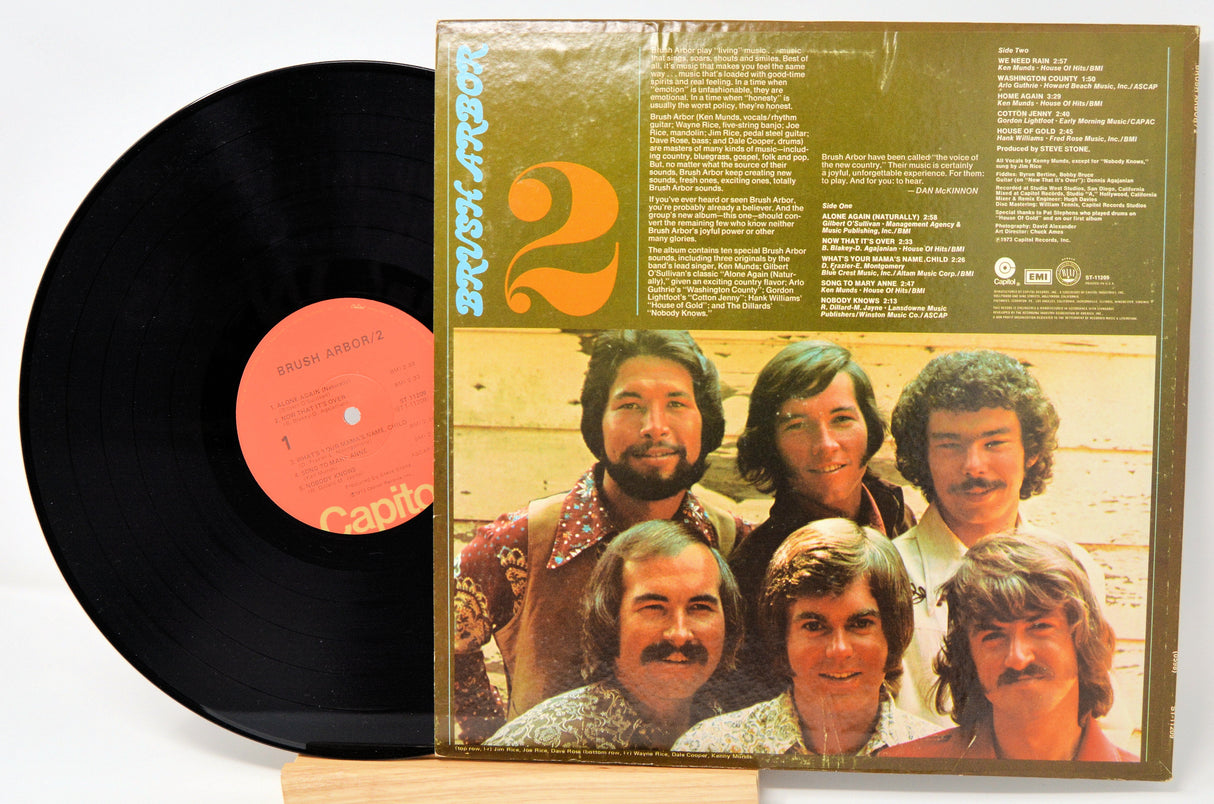 Back cover of Brush Arbor 2 vinyl LP with band photo and tracklist visible