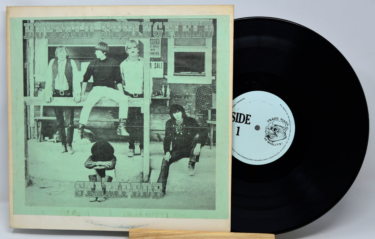 A vinyl record album shown with its cover jacket standing upright and the black record partially pulled out. The cover features a pale green-tinted photo of four people in front of a building, with the title Buffalo Springfield and the word Semperfe visible.