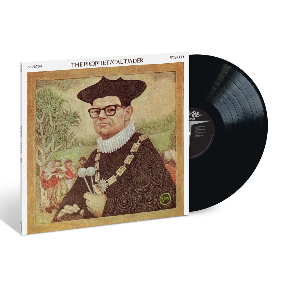 Vinyl record with cover featuring a stylized portrait of a man in a hat and glasses on a white background