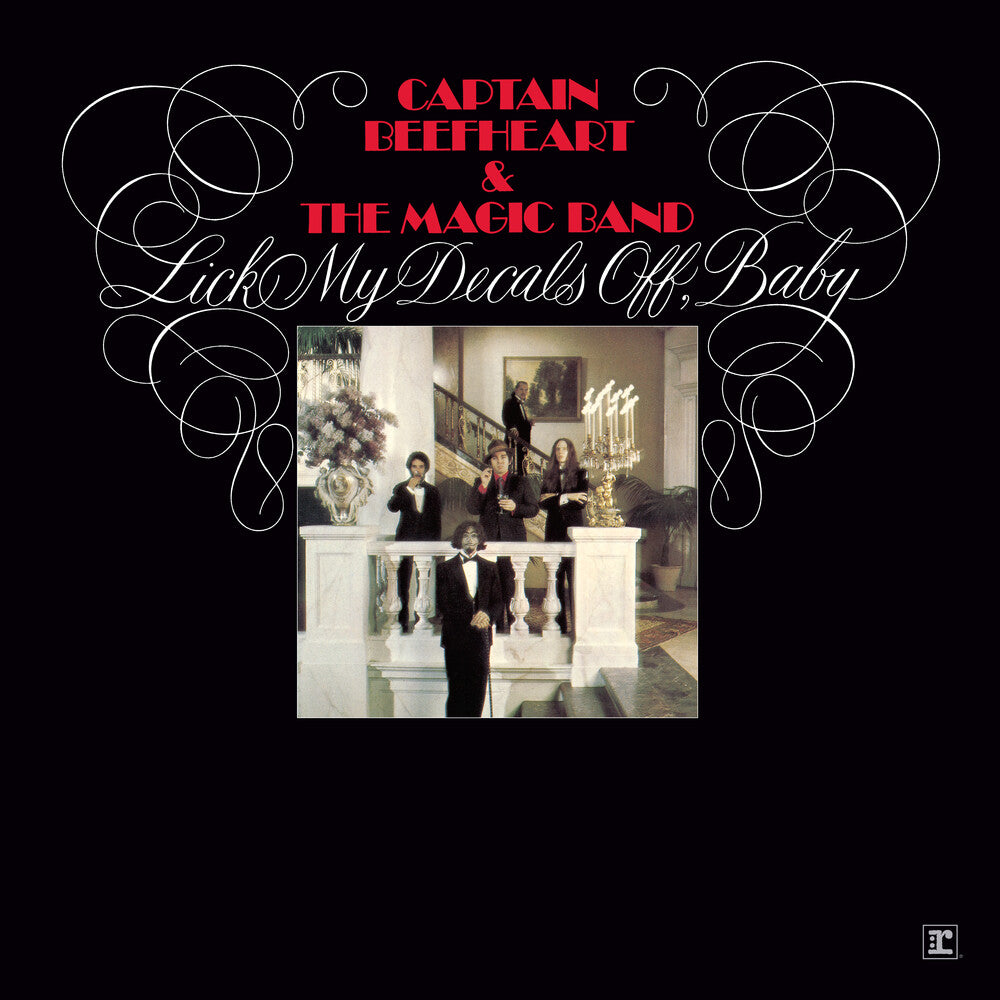 Album cover for 'Lick My Decals Off, Baby' by Captain Beefheart & The Magic Band with decorative text and a photo of people on a staircase.
