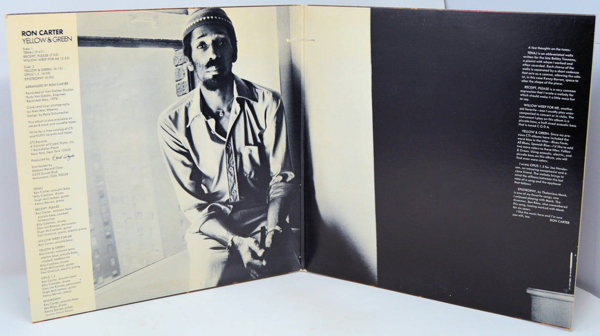 Album cover with a black and white photo of a person on the left and text on the right.