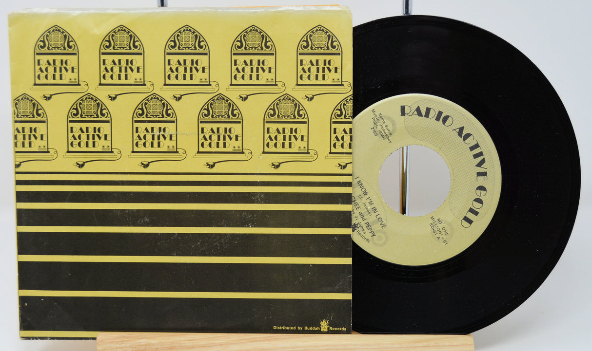 Back side of Chee-Chee & Peppy Radio Active Gold 45 RPM vinyl single with matching sleeve