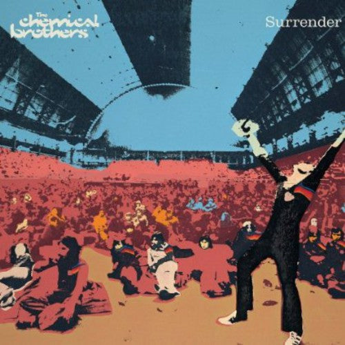 The image features the cover art for 'Surrender' by The Chemical Brothers, depicting a stylized, crowded stadium scene in vibrant hues of blue and red, with the artist and band name displayed prominently at the top.
