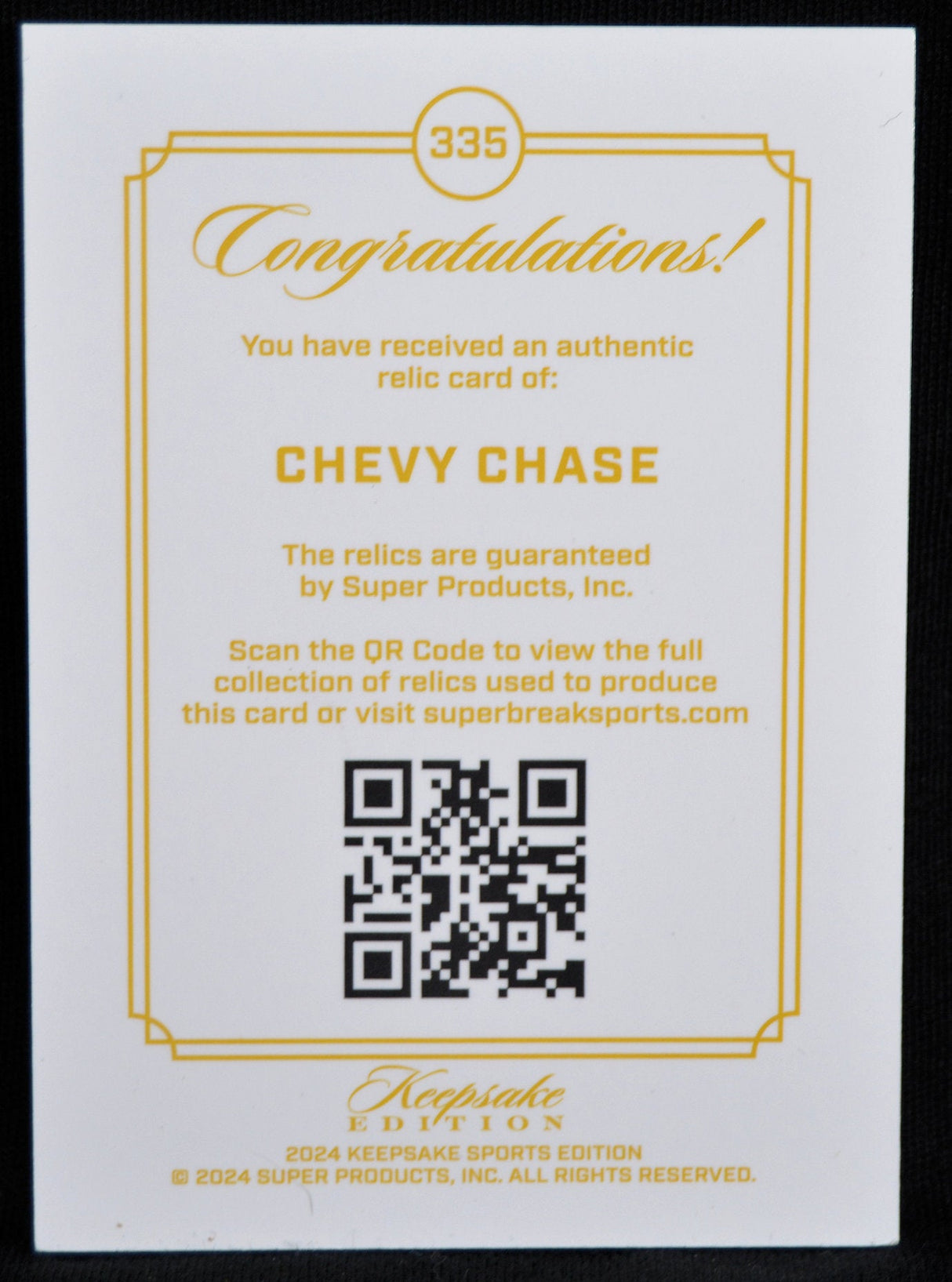 Certificate for authentic Chevy Chase relic card by Keepsake Sports Edition, featuring QR code certification