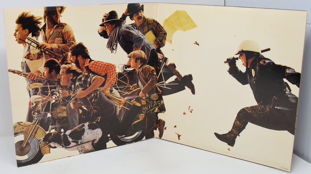 Album cover with a collage of people on motorcycles and horses against a beige background