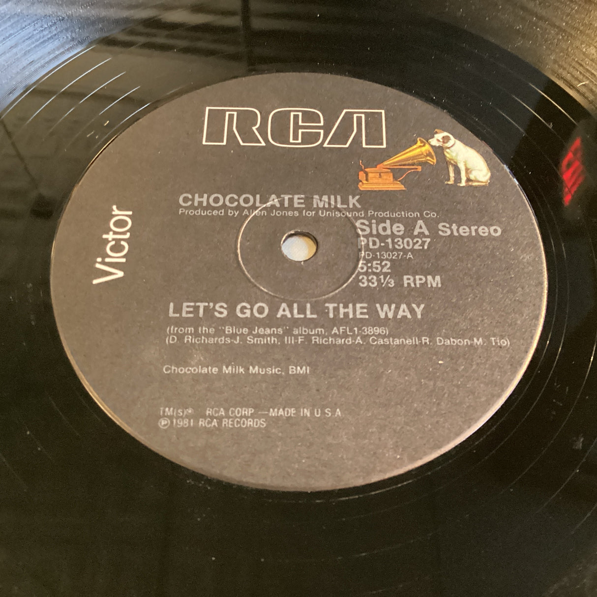 Close-up of Chocolate Milk 'Let's Go All The Way' 12-inch vinyl record label on RCA Victor from 1981