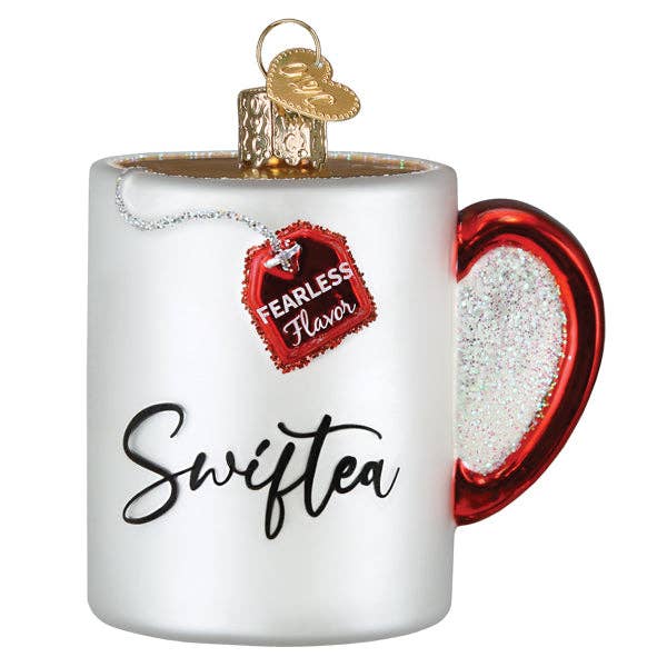 Front view of Swiftea mug ornament with glitter tea tag and red heart handle