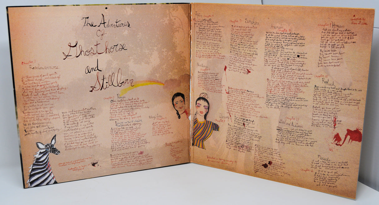 Colorful spread of CocoRosie’s 'The Adventures of Ghosthorse and Stillborn' LP with handwritten lyrics and illustrations