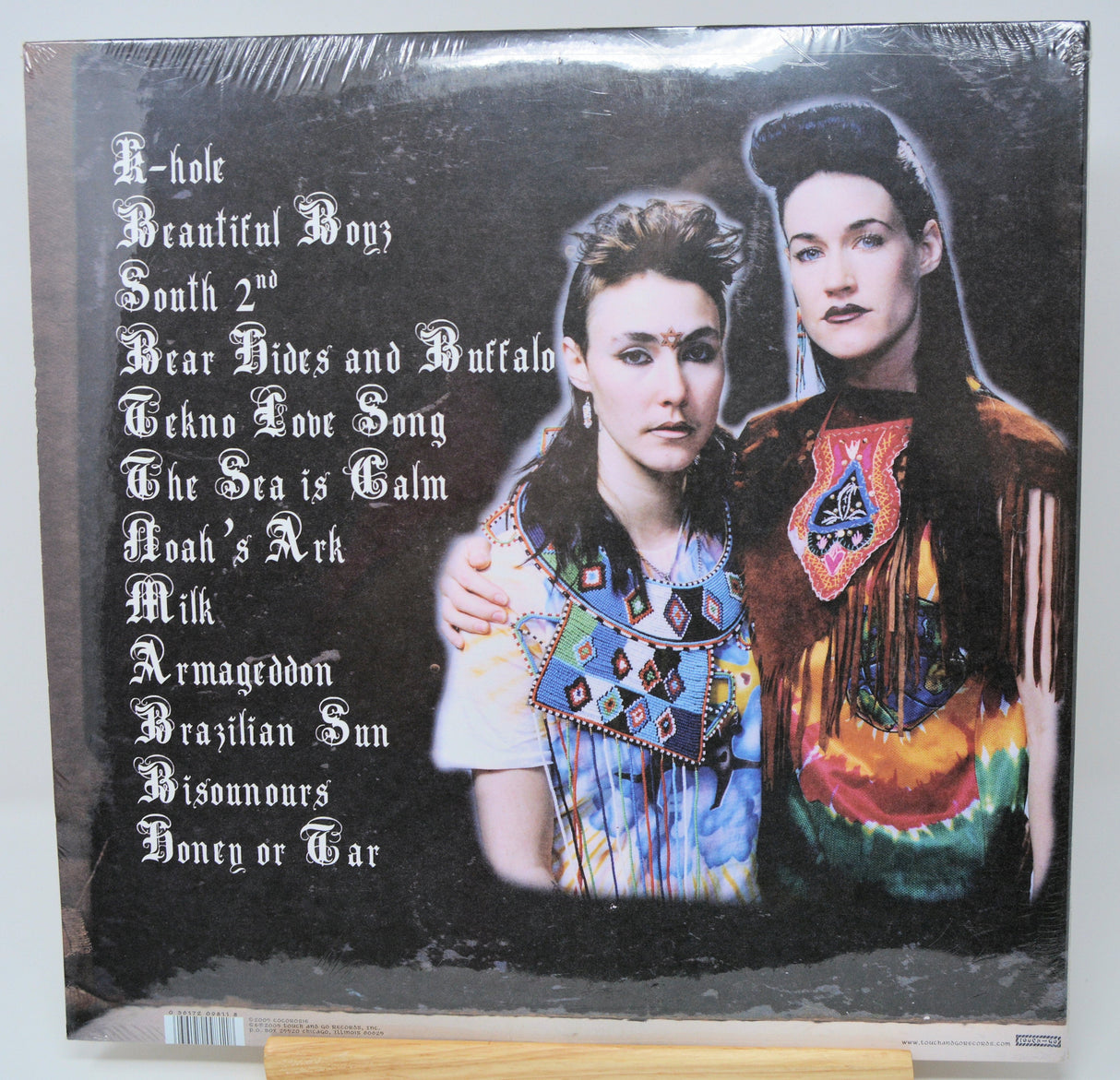 Back cover of CocoRosie's Noah’s Ark vinyl listing album tracks and artists in creative attire
