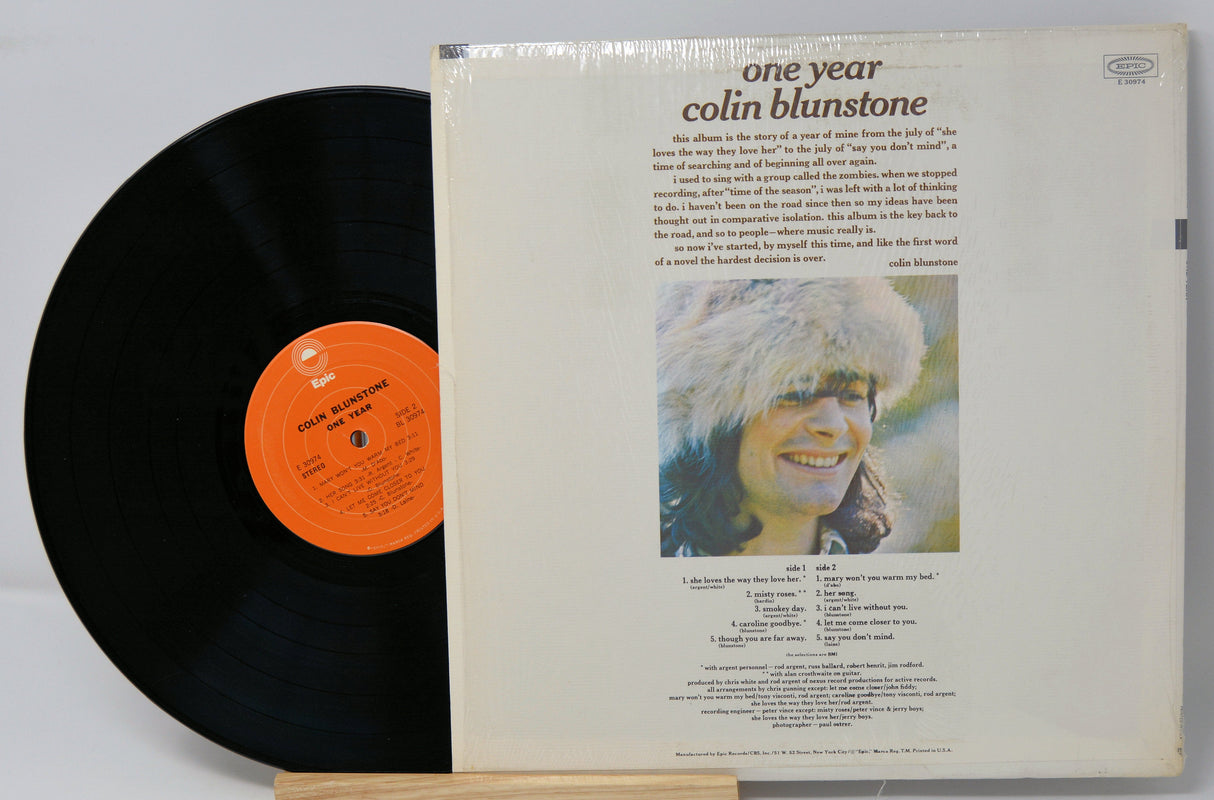 Back cover and vinyl record of Colin Blunstone's 'One Year' album showing tracklist and artist photo
