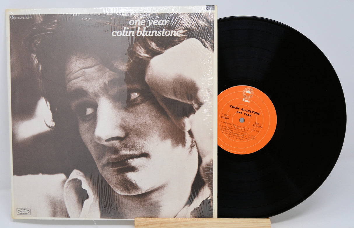 Front cover and vinyl record of Colin Blunstone's 'One Year' album with sepia-toned artist portrait