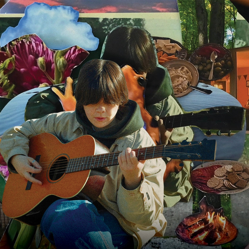 Collage of a person playing acoustic guitar surrounded by campfire, nature, and food imagery